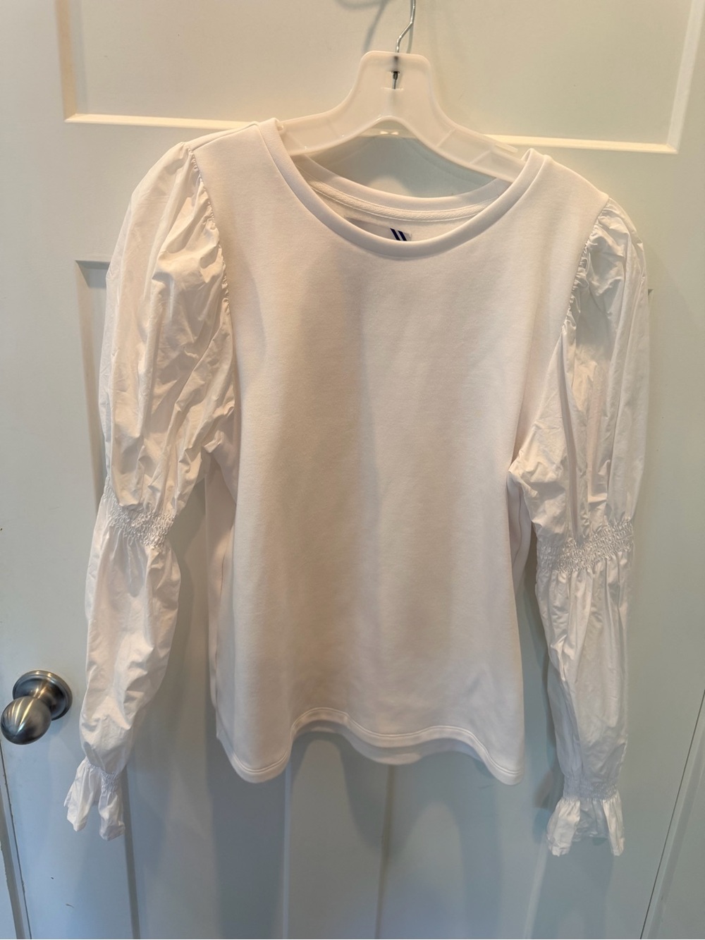 Addison Bay Medium White Mixed Media Smocked Puff Sleeve Pullover Top